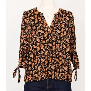 Cynthia Rowley Floral V-Neck Blouse L Black Orange Tie Sleeve Boho Dark Florals